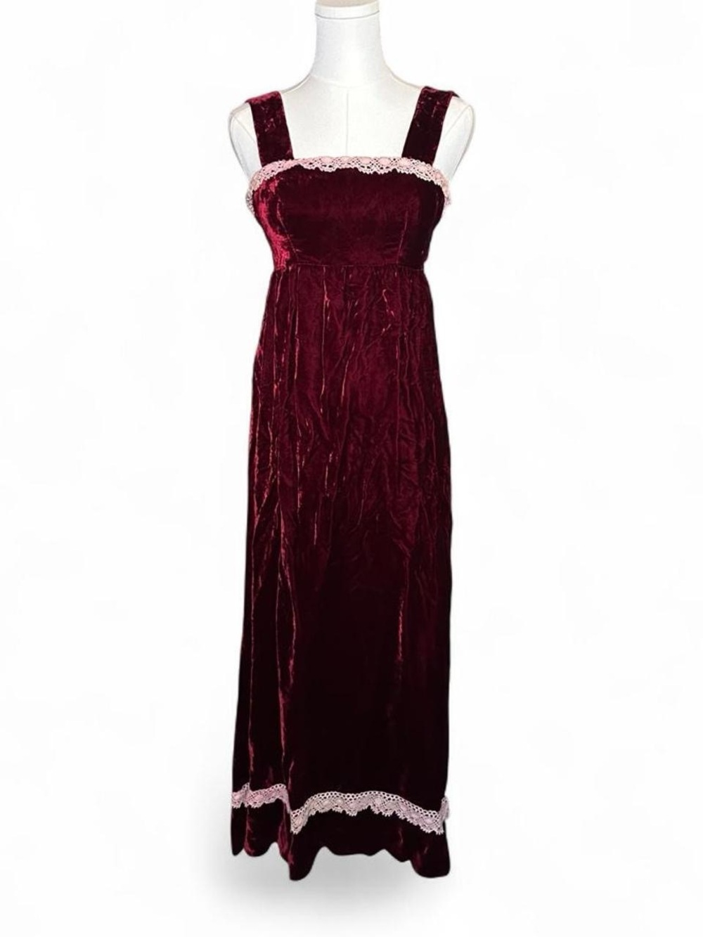 90s Vintage Burgundy Crushed Velvet Gown Lace Trim Vampy Whimsygoth Cocktail